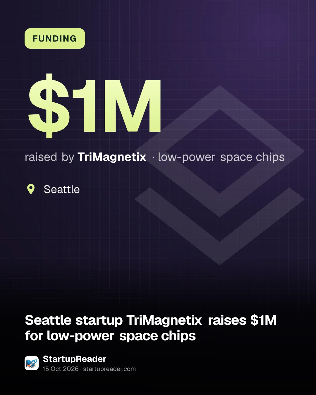 FUNDING. $1M raised by TriMagnetix, low-power space chips. Seattle.