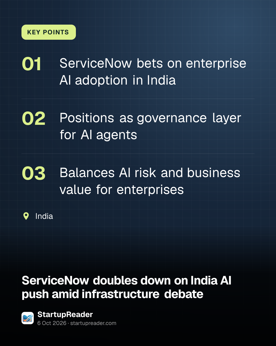 KEY POINTS. ServiceNow bets on enterprise AI adoption in India; Positions as governance layer for AI agents; Balances AI risk and business value for enterprises. India.