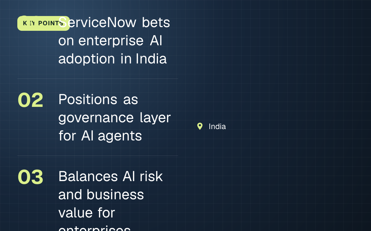KEY POINTS. ServiceNow bets on enterprise AI adoption in India; Positions as governance layer for AI agents; Balances AI risk and business value for enterprises. India.