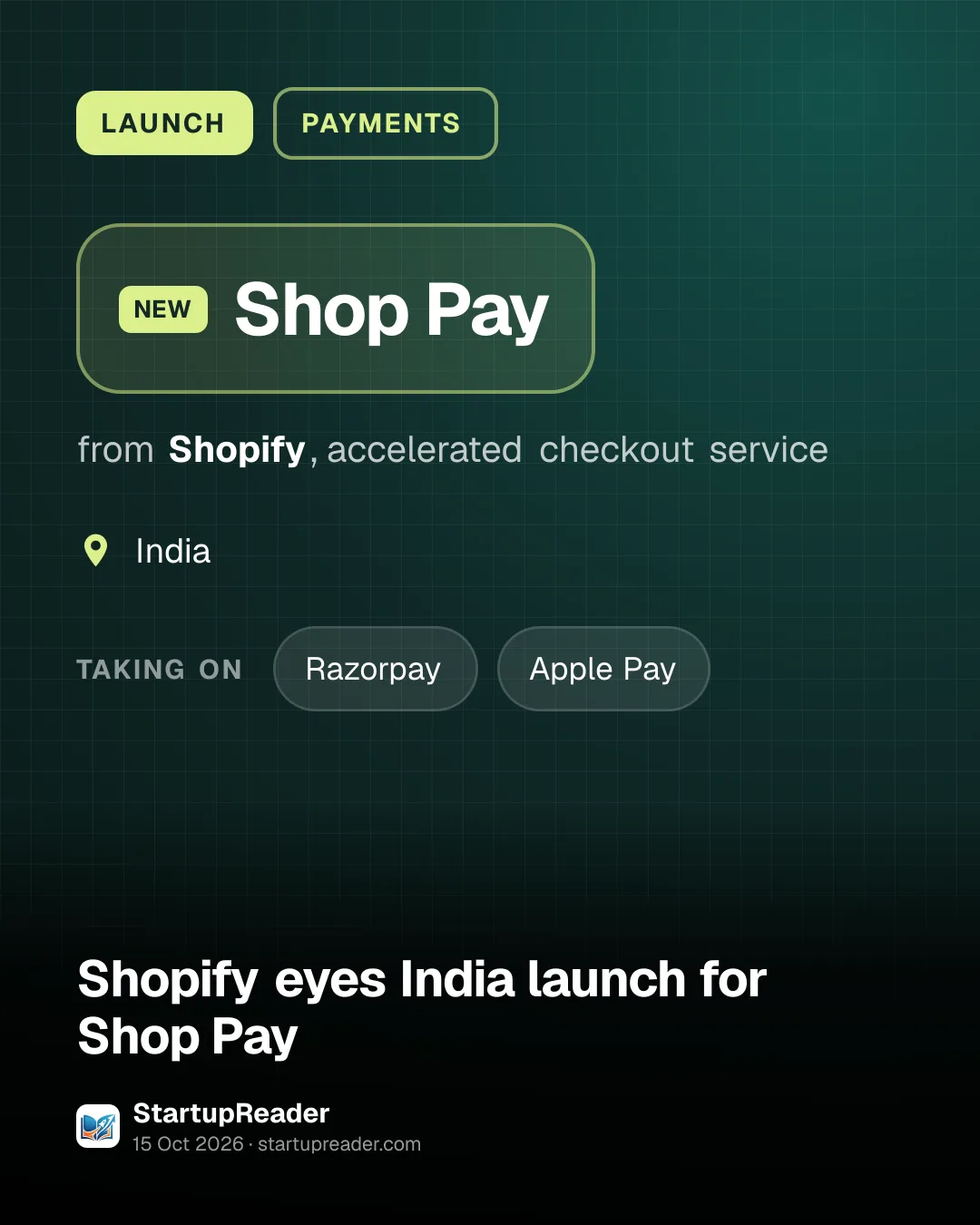 LAUNCH. Shop Pay from Shopify, accelerated checkout service. India. taking on: Razorpay, Apple Pay.
