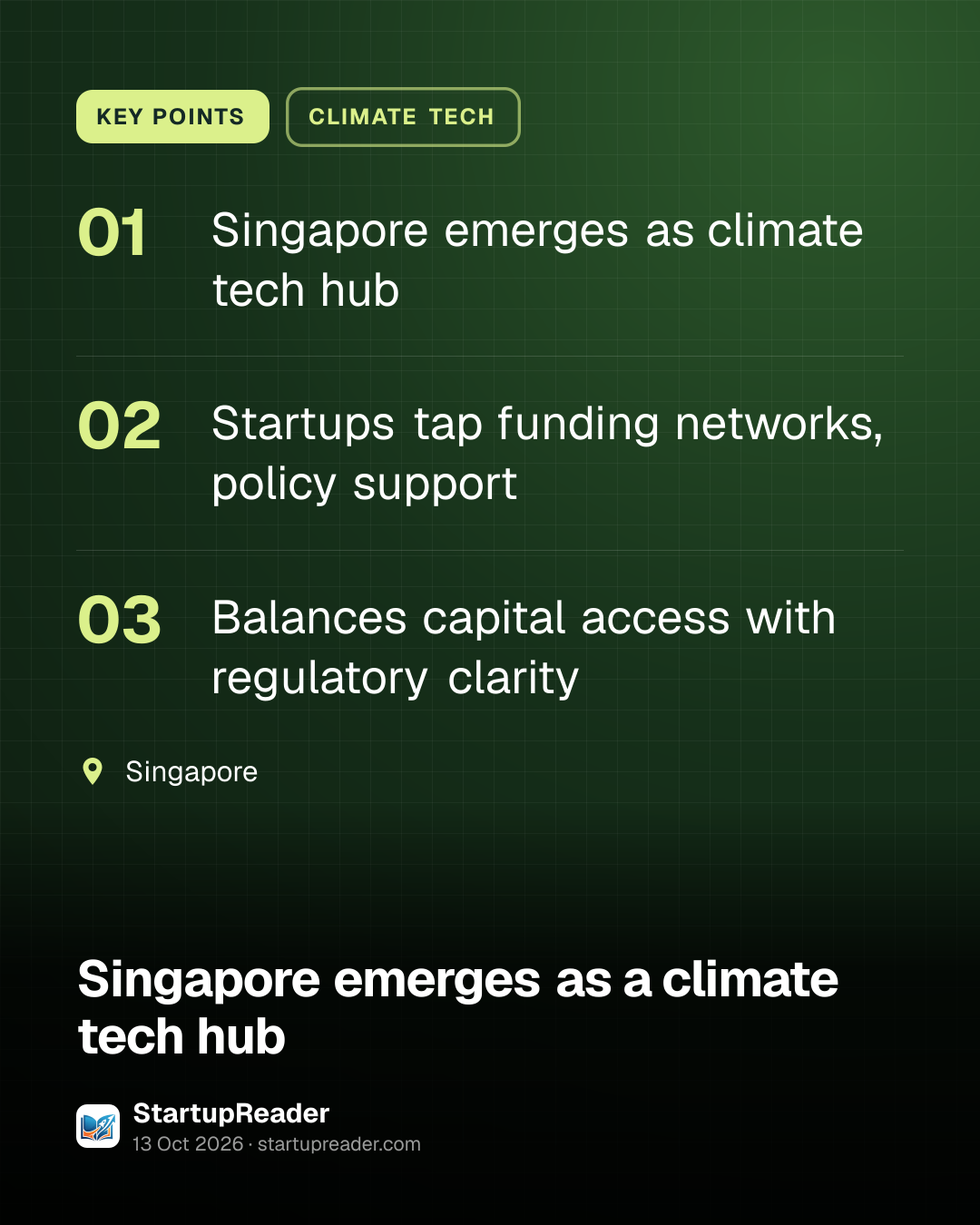 KEY POINTS. Singapore emerges as climate tech hub; Startups tap funding networks, policy support; Balances capital access with regulatory clarity. Singapore.