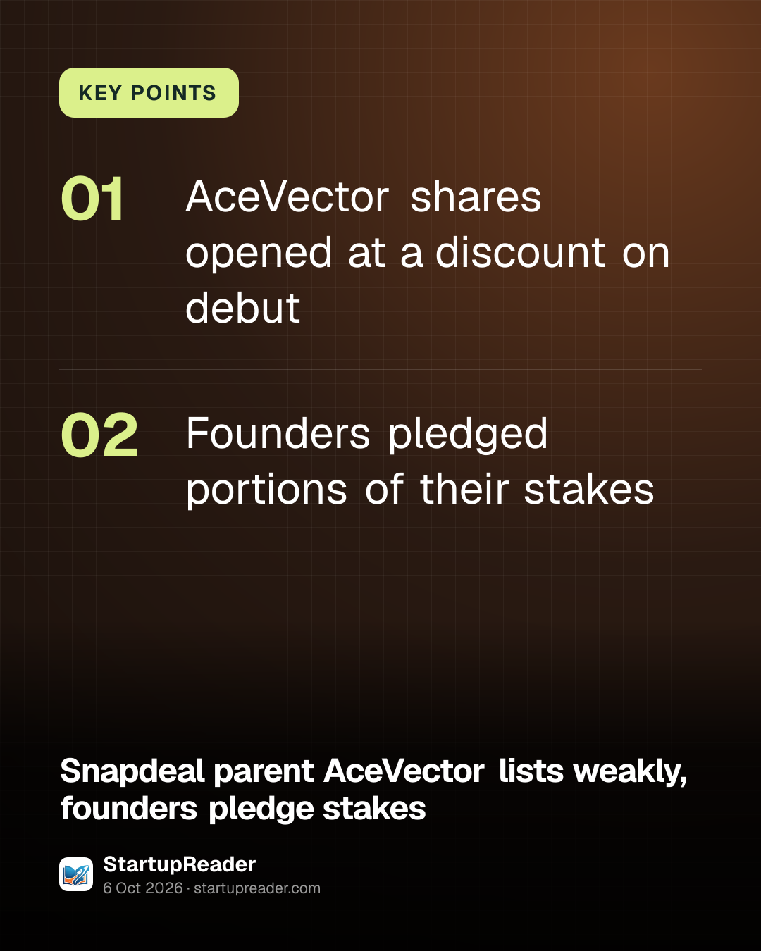 KEY POINTS. AceVector shares opened at a discount on debut; Founders pledged portions of their stakes.