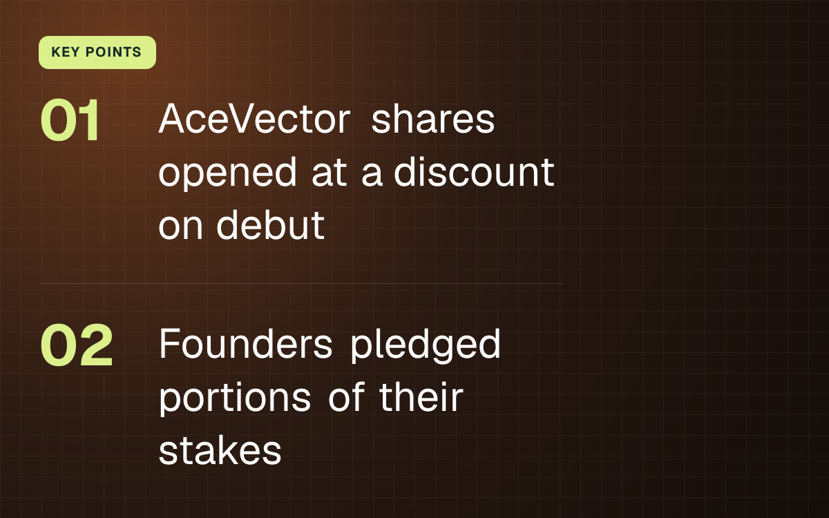 KEY POINTS. AceVector shares opened at a discount on debut; Founders pledged portions of their stakes.