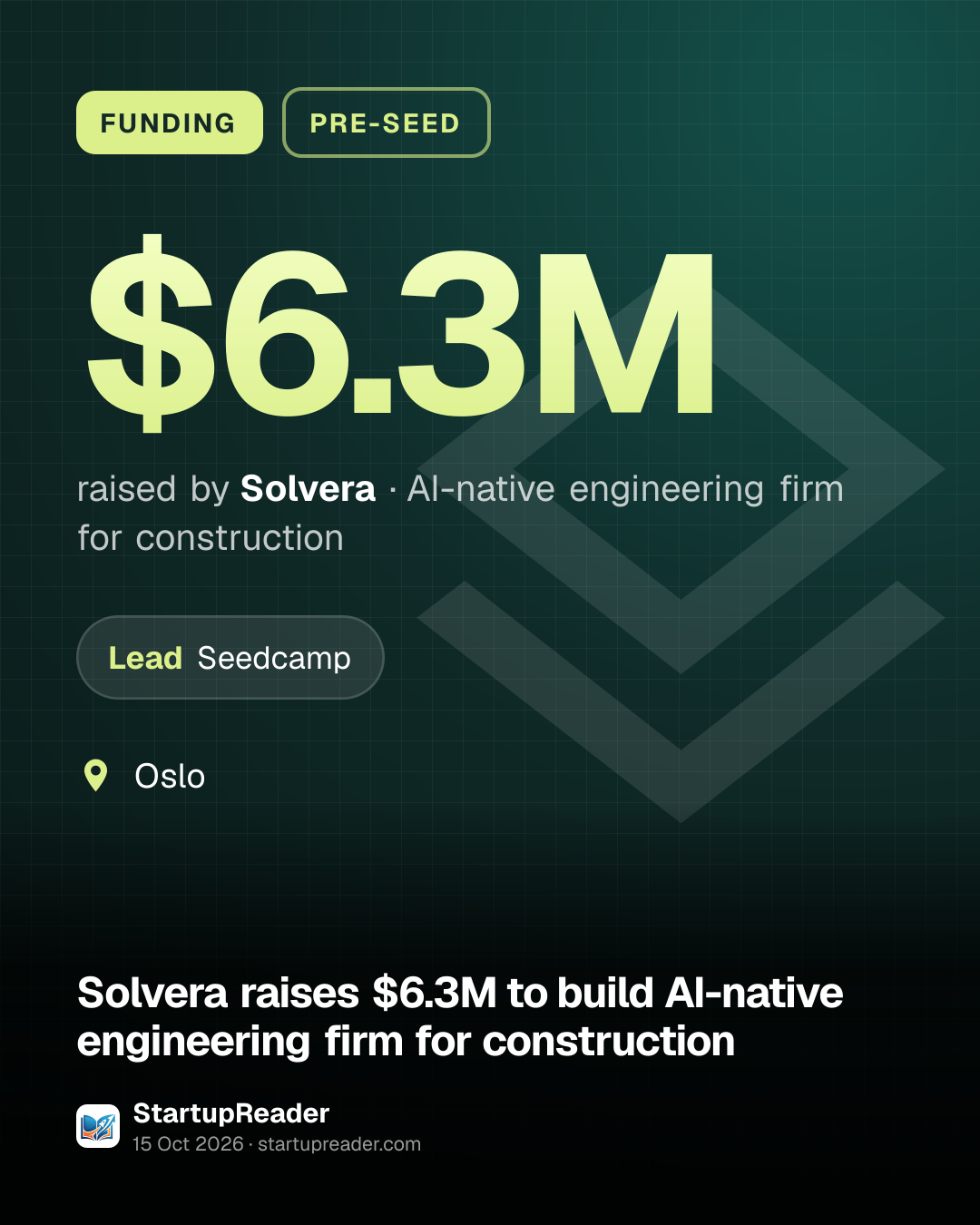 FUNDING. $6.3M raised by Solvera, AI-native engineering firm for construction. led by Seedcamp. Oslo.