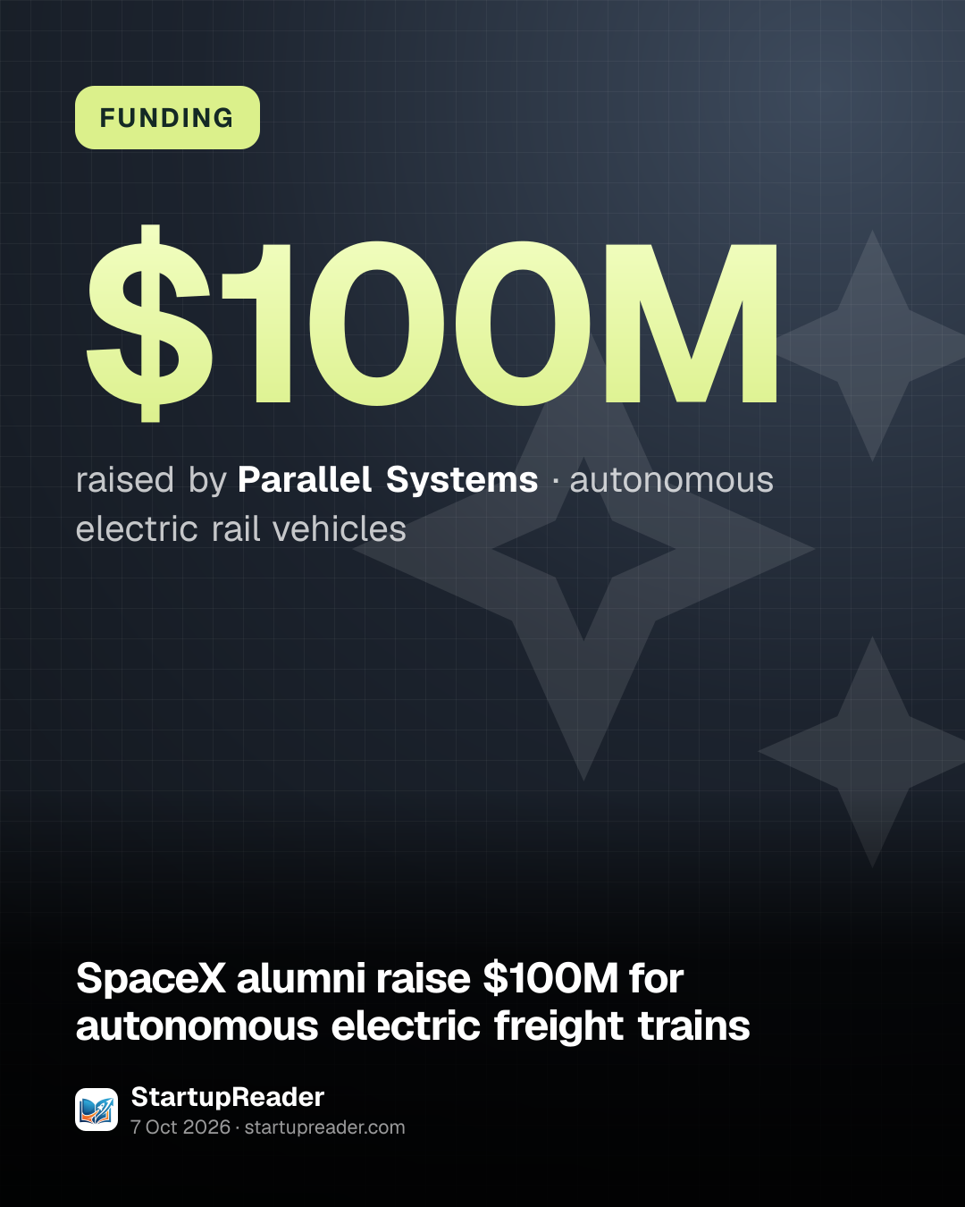 FUNDING. $100M raised by Parallel Systems, autonomous electric rail vehicles.