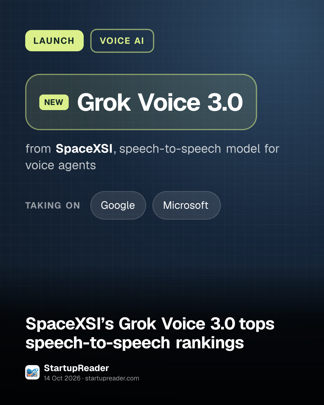 LAUNCH. Grok Voice 3.0 from SpaceXSI, speech-to-speech model for voice agents. taking on: Google, Microsoft.