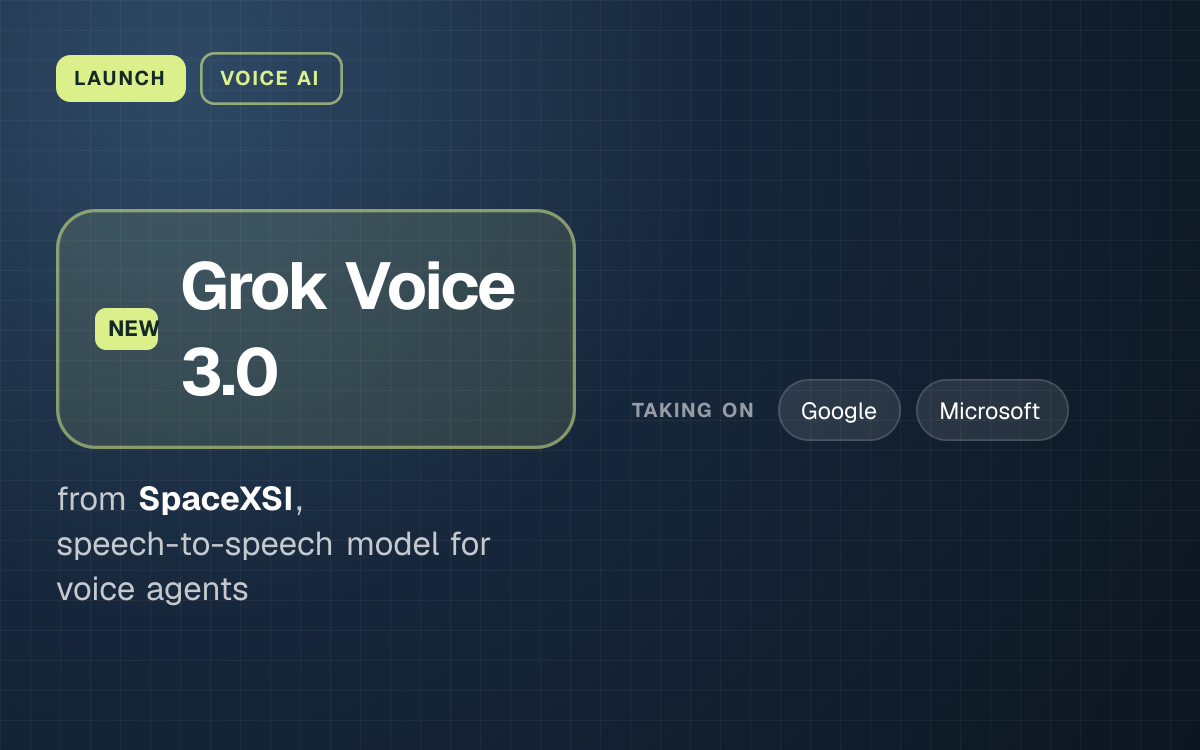LAUNCH. Grok Voice 3.0 from SpaceXSI, speech-to-speech model for voice agents. taking on: Google, Microsoft.