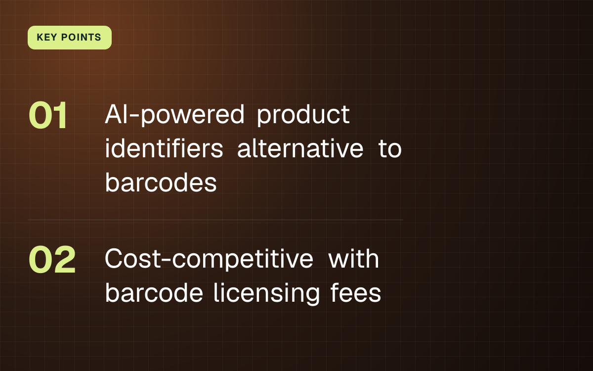 KEY POINTS. AI-powered product identifiers alternative to barcodes; Cost-competitive with barcode licensing fees.