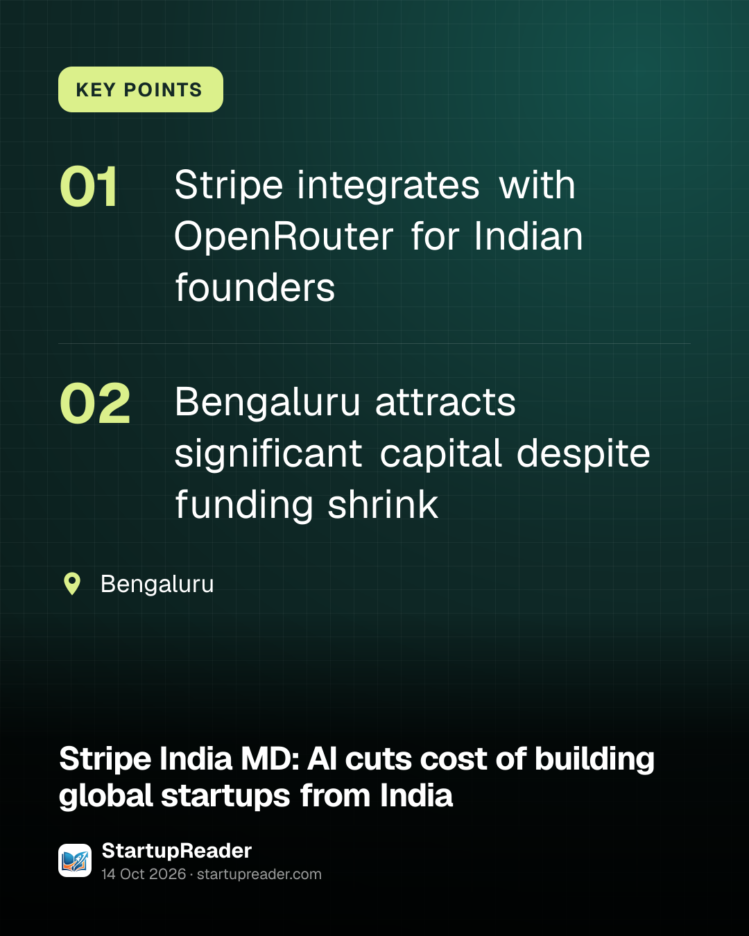 KEY POINTS. Stripe integrates with OpenRouter for Indian founders; Bengaluru attracts significant capital despite funding shrink. Bengaluru.