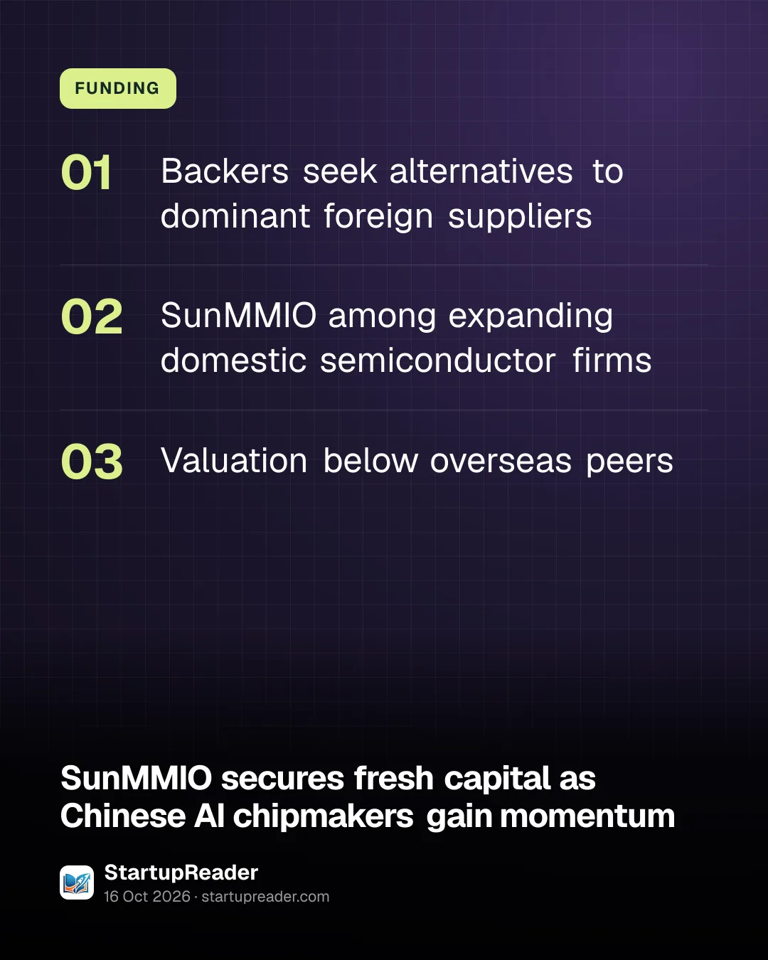 FUNDING. Backers seek alternatives to dominant foreign suppliers; SunMMIO among expanding domestic semiconductor firms; Valuation below overseas peers.