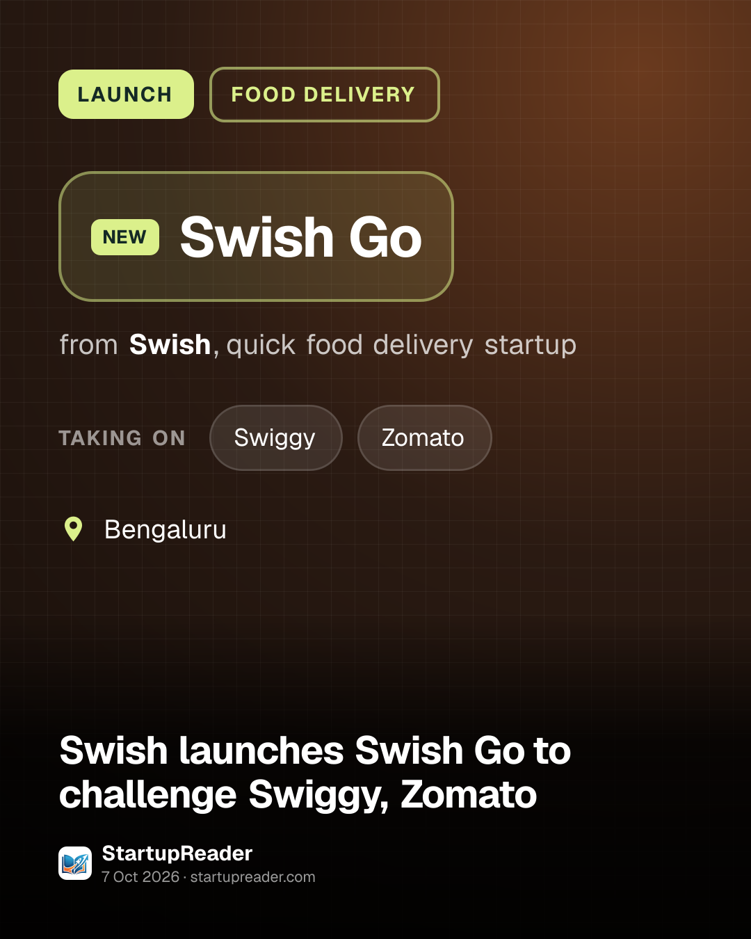 LAUNCH. Swish Go from Swish, quick food delivery startup. taking on: Swiggy, Zomato. Bengaluru.