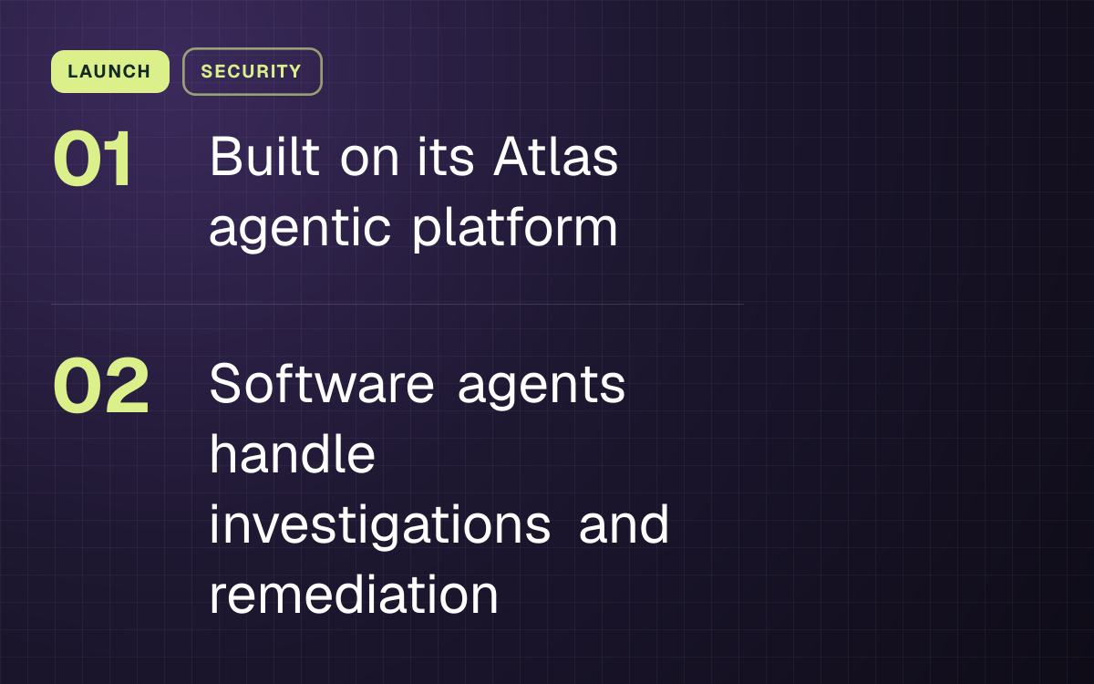 LAUNCH. Built on its Atlas agentic platform; Software agents handle investigations and remediation.