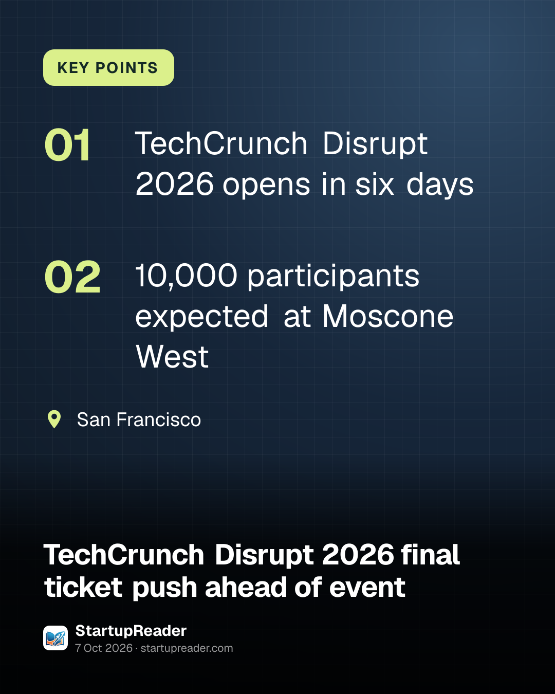 KEY POINTS. TechCrunch Disrupt 2026 opens in six days; 10,000 participants expected at Moscone West. San Francisco.