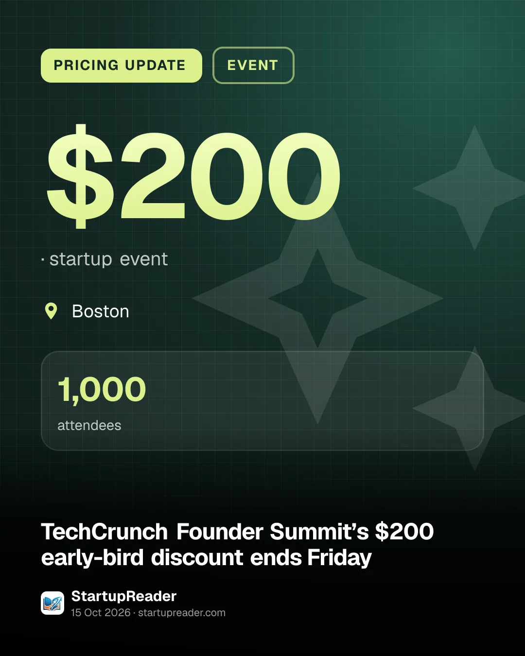 PRICING UPDATE. $200, startup event. Boston. 1,000 attendees.
