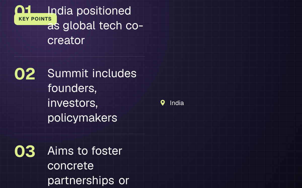 KEY POINTS. India positioned as global tech co-creator; Summit includes founders, investors, policymakers; Aims to foster concrete partnerships or policy progress. India.