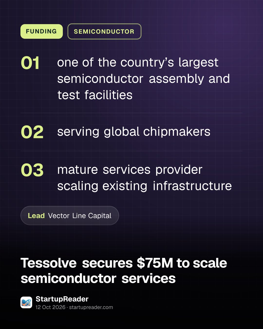 FUNDING. one of the country’s largest semiconductor assembly and test facilities; serving global chipmakers; mature services provider scaling existing infrastructure. led by Vector Line Capital.