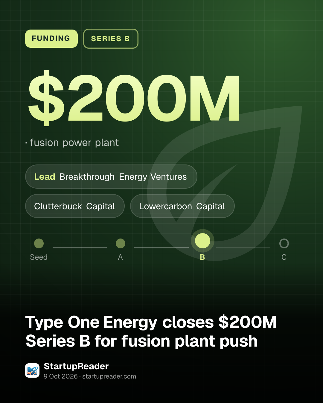 FUNDING. $200M, fusion power plant. led by Breakthrough Energy Ventures, Clutterbuck Capital, Lowercarbon Capital. Stage: Series B.