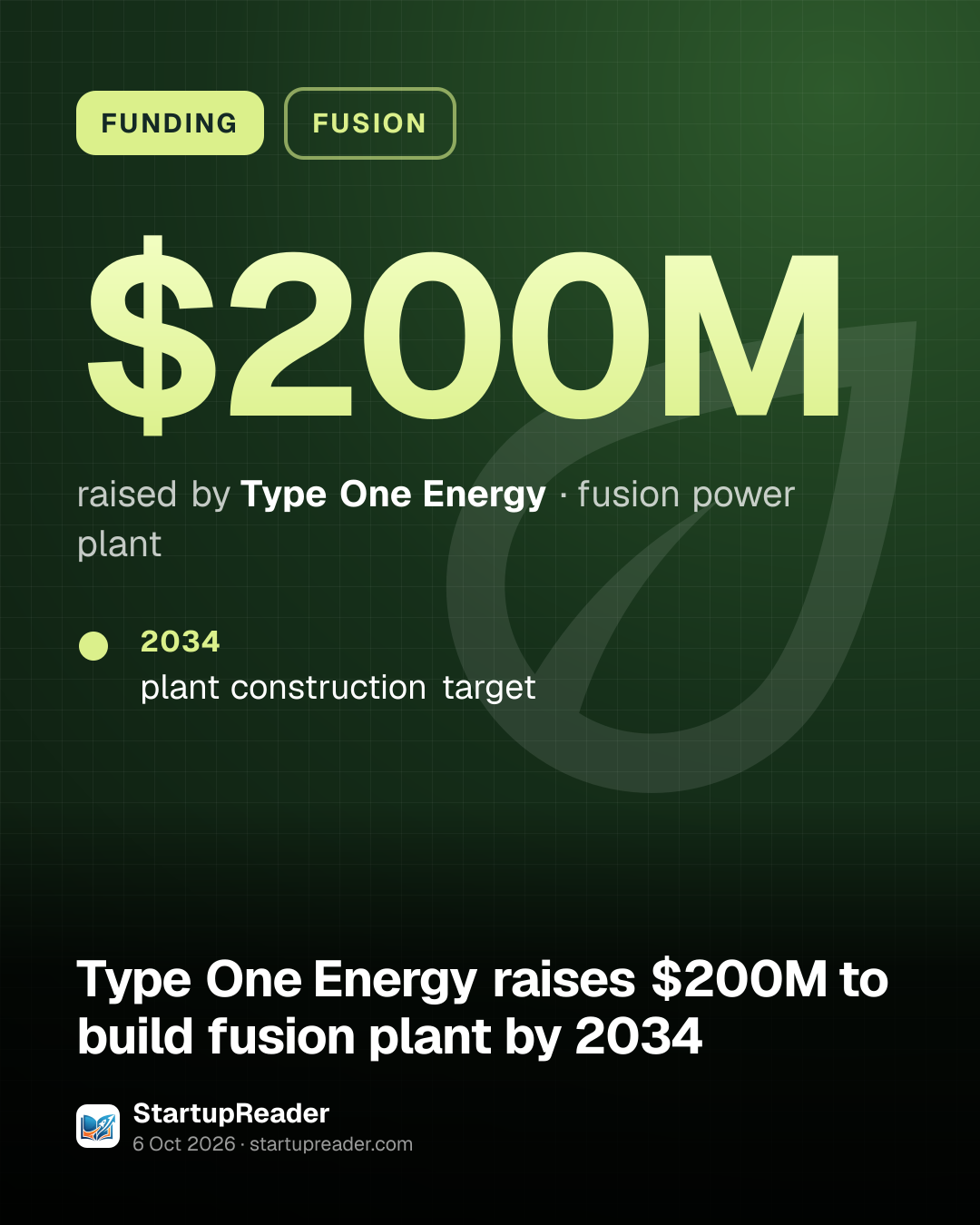 FUNDING. $200M raised by Type One Energy, fusion power plant. 2034: plant construction target.