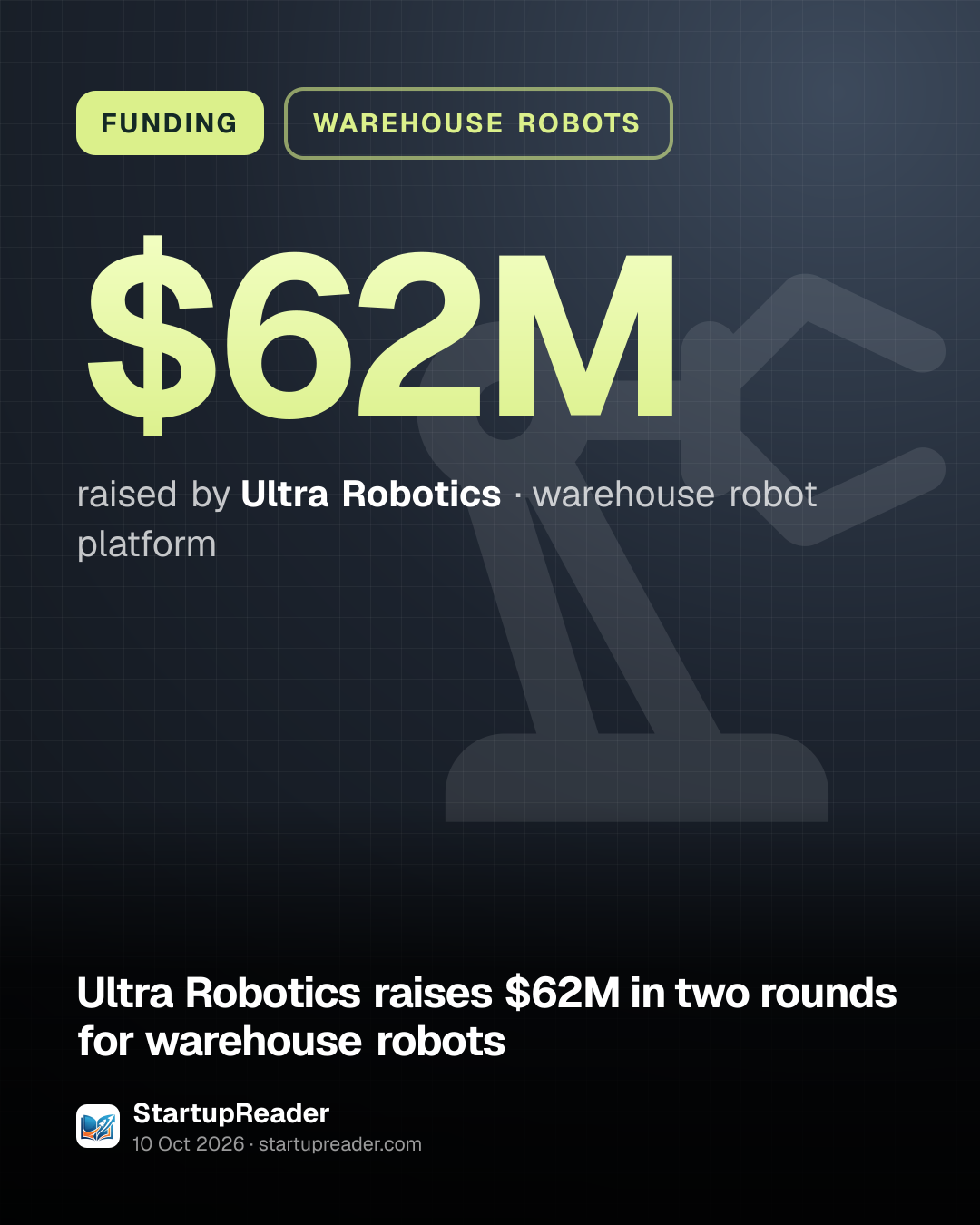 FUNDING. $62M raised by Ultra Robotics, warehouse robot platform.