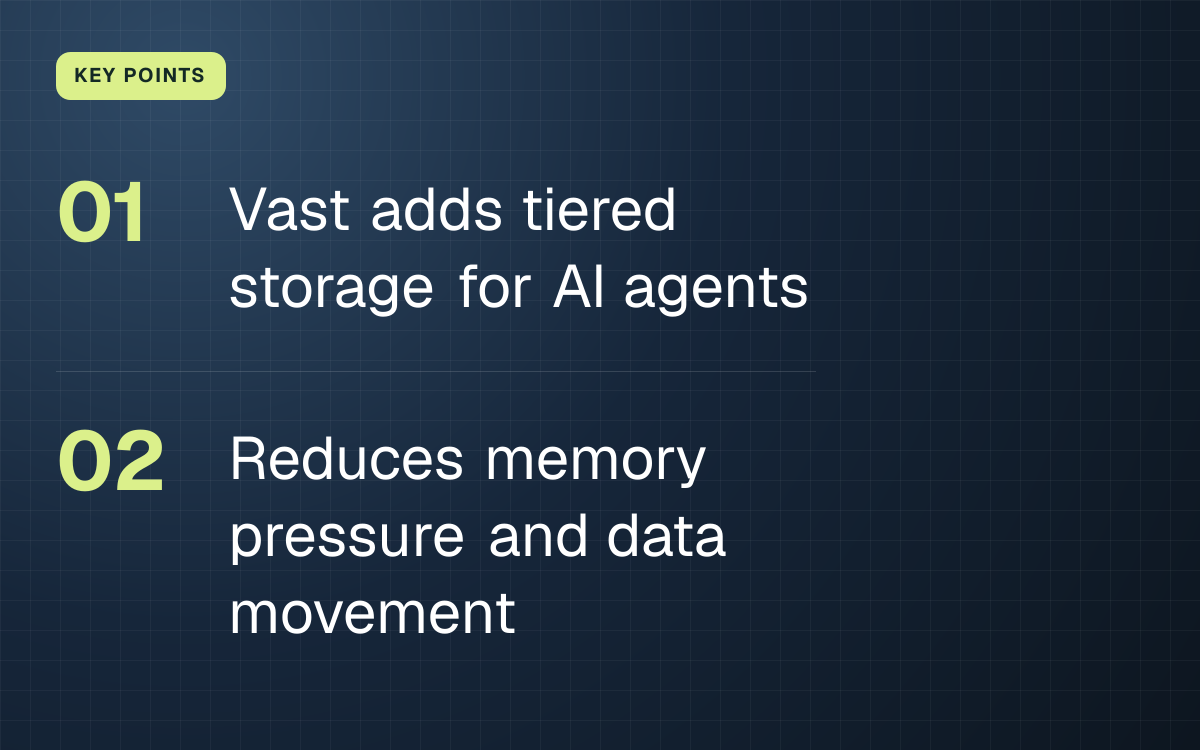 KEY POINTS. Vast adds tiered storage for AI agents; Reduces memory pressure and data movement.
