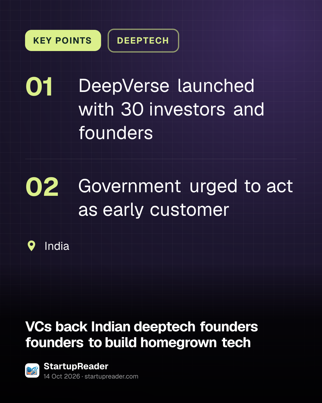KEY POINTS. DeepVerse launched with 30 investors and founders; Government urged to act as early customer. India.