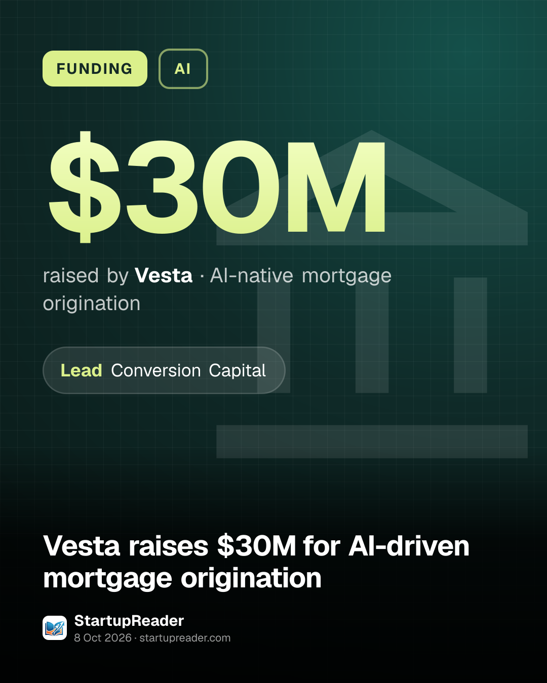 FUNDING. $30M raised by Vesta, AI-native mortgage origination. led by Conversion Capital.