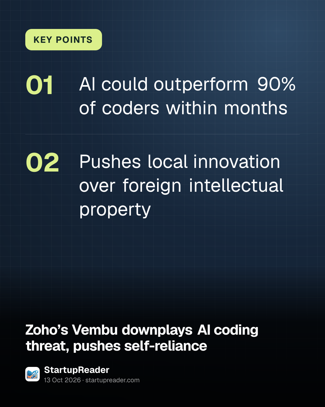 KEY POINTS. AI could outperform 90% of coders within months; Pushes local innovation over foreign intellectual property.